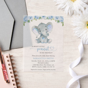 Elefant, Blaue Aquarellblumen, Babyparty Pergament Einladungen