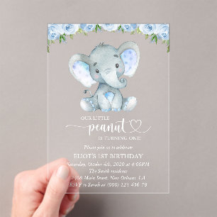 Elefant, Blaue Aquarellblumen, Erster Geburtstag Acryleinladungen