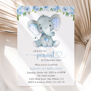 Elefant, Blaue Aquarellblumen, Erster Geburtstag Einladung
