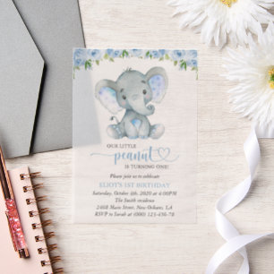 Elefant, Blaue Aquarellblumen, Erster Geburtstag Pergament Einladungen