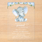 Elefant, blaue Aquarellfarben, erste Blume zum Geb Acryleinladungen (Vorderseite)