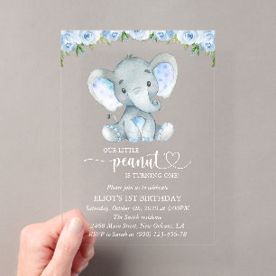 Elefant, blaue Aquarellfarben, erste Blume zum Geb Acryleinladungen