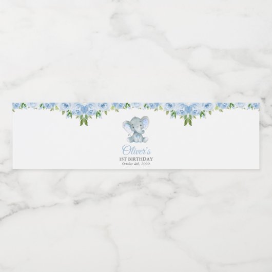 Elefant, blaue Aquarellfarben, erste Blume zum Geb Wasserflaschenetikett (Einzelnes Label)