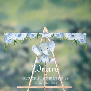 Elefant, blaue Blumen, Empfang zum ersten Geburtst Acrylschild