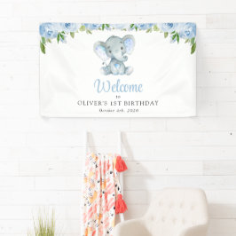 Elefant, blaue Blumen, Empfang zum ersten Geburtst Banner