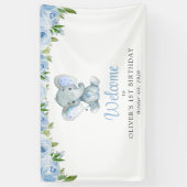 Elefant, blaue Blumen, Empfang zum ersten Geburtst Banner (Vertikal)