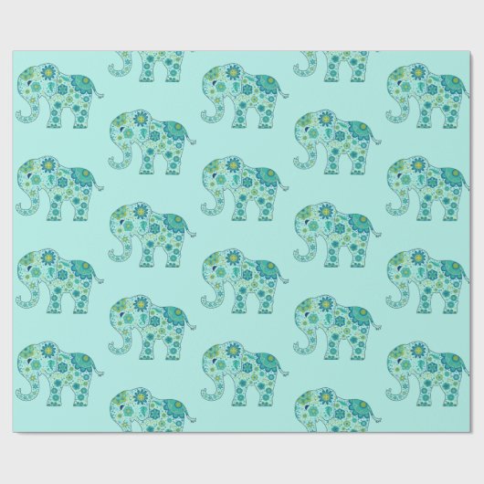 Elefant-Blumen aquamarin Geschenkpapier (Flach)