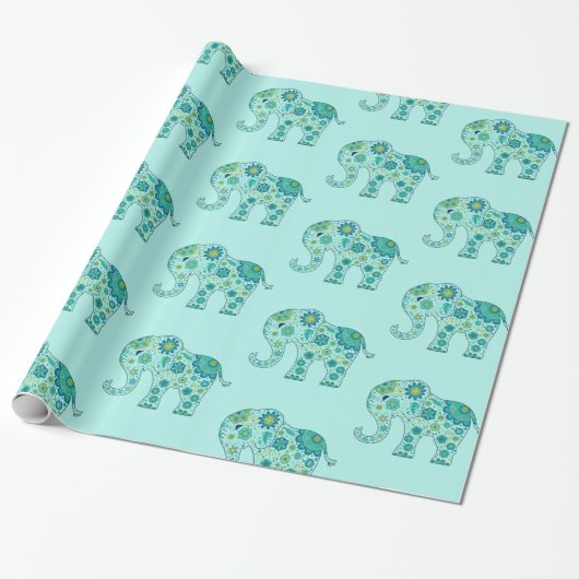 Elefant-Blumen aquamarin Geschenkpapier (Ungerollt)