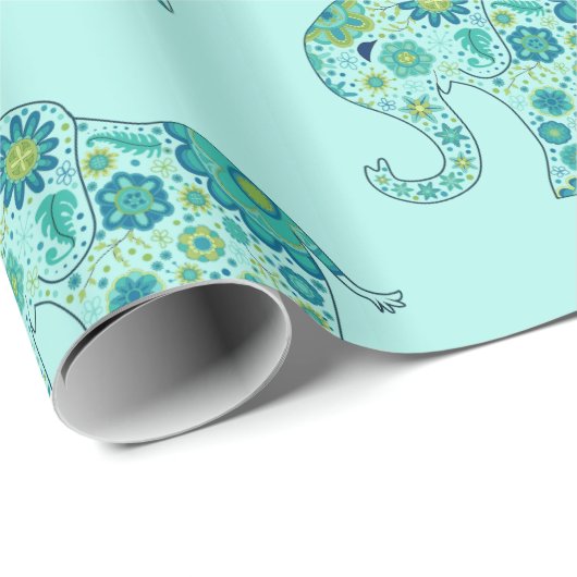 Elefant-Blumen aquamarin Geschenkpapier (Rolleneckpunkt)