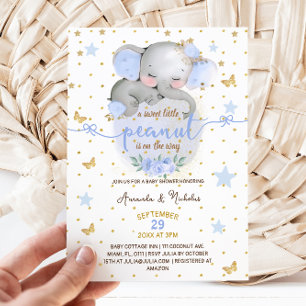 Elefant Botanischer Pastellblauer Jungen-Baby-Part Einladung