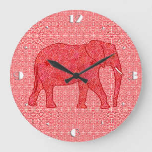 Elefant der Blume - tiefrot und Korallen Große Wanduhr
