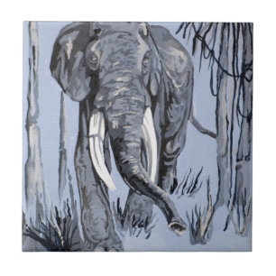 Elefant, der durch die waldreiche Savanne in Blau Fliese