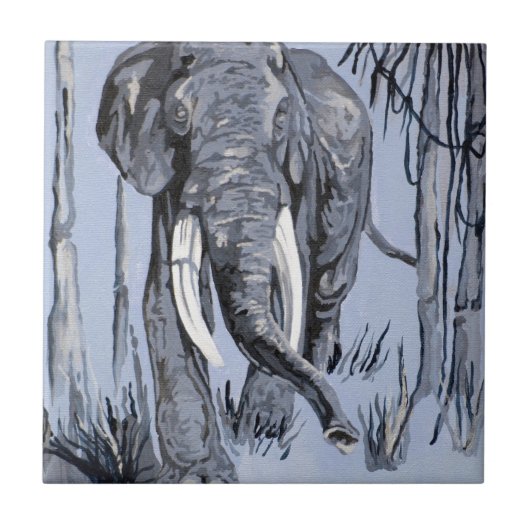Elefant, der durch die waldreiche Savanne in Blau Fliese (Vorderseite)