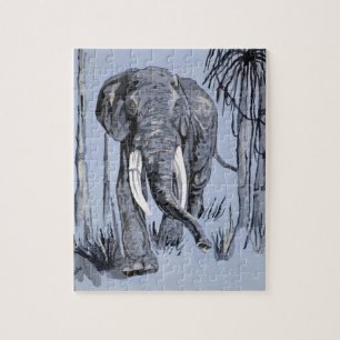 Elefant, der durch die waldreiche Savanne in Blau Puzzle