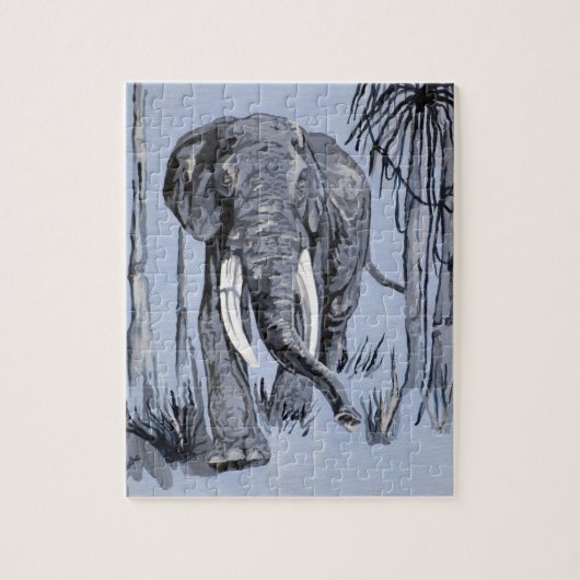Elefant, der durch die waldreiche Savanne in Blau  Puzzle (Vertikal)