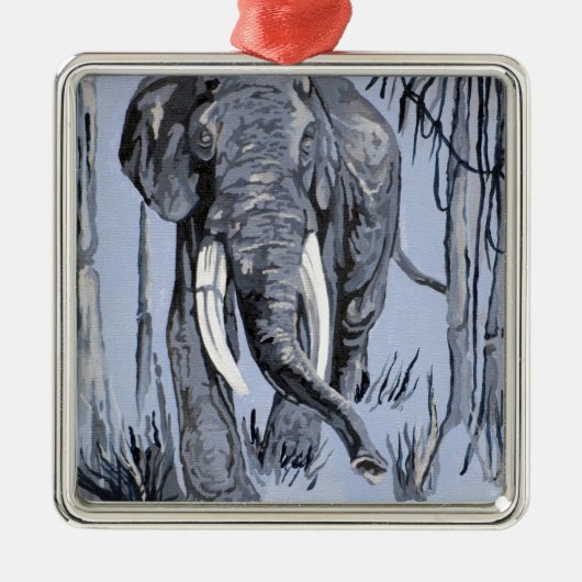 Elefant, der durch die waldreiche Savanne in Blau  Silbernes Ornament (Vorne)