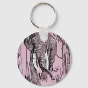 Elefant, der durch die waldreiche Savanne in Rosa  Schlüsselanhänger