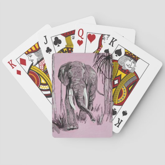 Elefant, der durch die waldreiche Savanne in Rosa Spielkarten (Rückseite)