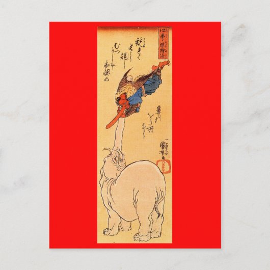 Elefant, der einen fliegenden Tengu fängt. Circa 1 Postkarte (Vorderseite)