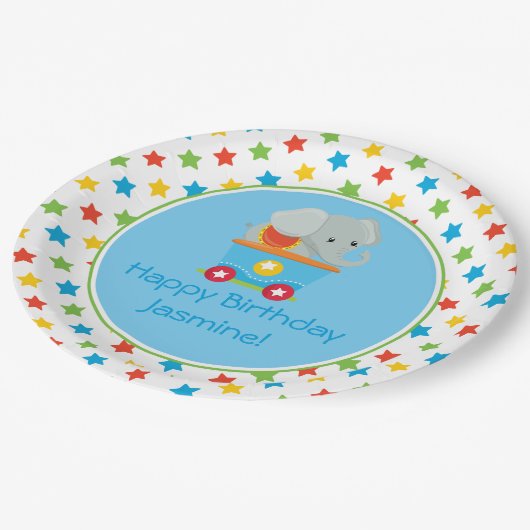 Elefant des Zirkus-Zug-| | personalisiert Pappteller (Schrägansicht)