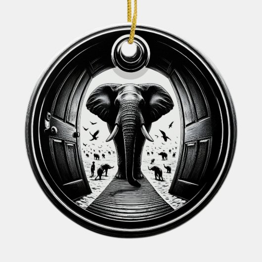 Elefant durch die Tür des Peephole | Fisheye Keramik Ornament (Vorne)