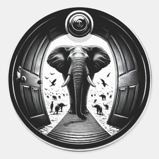 Elefant durch die Tür des Peephole | Fisheye Runder Aufkleber (Vorderseite)