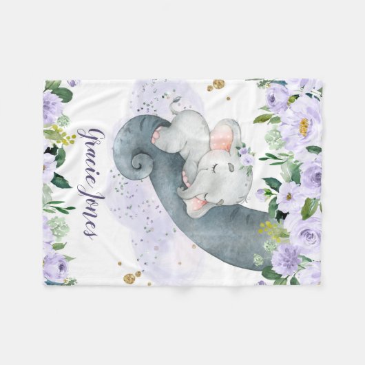 Elefant eines Mädchens mit Soft Lavender Blume Bab Fleecedecke (Vorderseite (Horizontal))