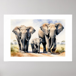 Elefant Familie Aquarell Wildtier Kunst Poster