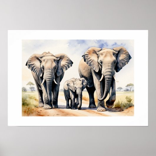 Elefant Familie Aquarell Wildtier Kunst Poster (Vorne)
