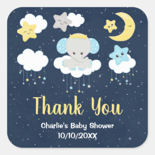 Elefant Gelb und Navy Baby Shower Dankeschön Quadratischer Aufkleber