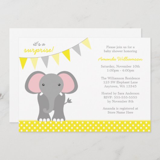 Elefant-gelbe Tupfen-Fahnen-Babyparty Einladung (Vorne/Hinten)