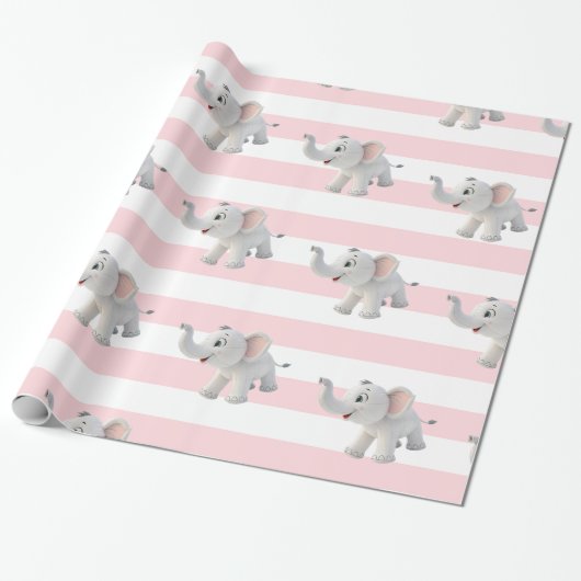 Elefant Geschenkpapier Rosa & Weiß gestreift (Ungerollt)