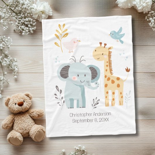 Elefant Giraffe Vogel Personalisierte Geburtsstat  Fleecedecke