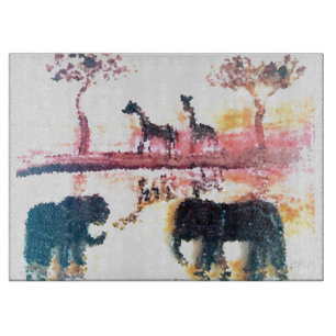 Elefant, Giraffen-Safari-Sonnenuntergang-Kunst Schneidebrett