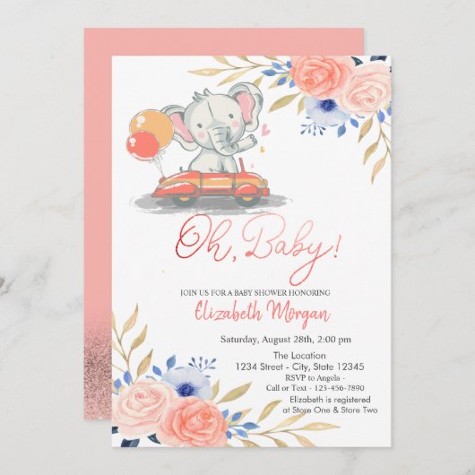 Elefant im Auto, Balloons Blütendusche Einladung (Vorne/Hinten)