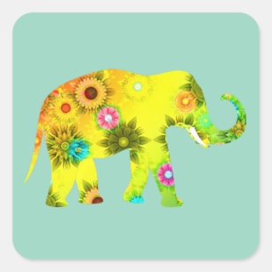 Elefant im Cartoon-Stil Lebendige Blumen Spielerei Quadratischer Aufkleber