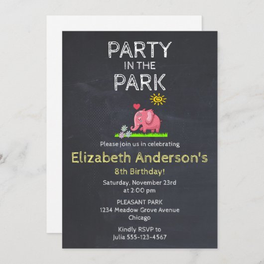Elefant im Gras Party im Park Einladung (Vorne/Hinten)