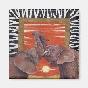 Elefant im Liebe-Sonnenuntergang und Zebra drucken Magnet