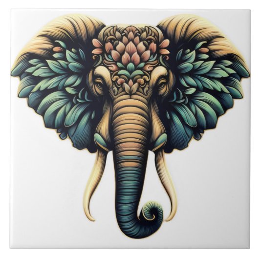 Elefant in lebendigen Blume und Blätter Fliese (Vorderseite)