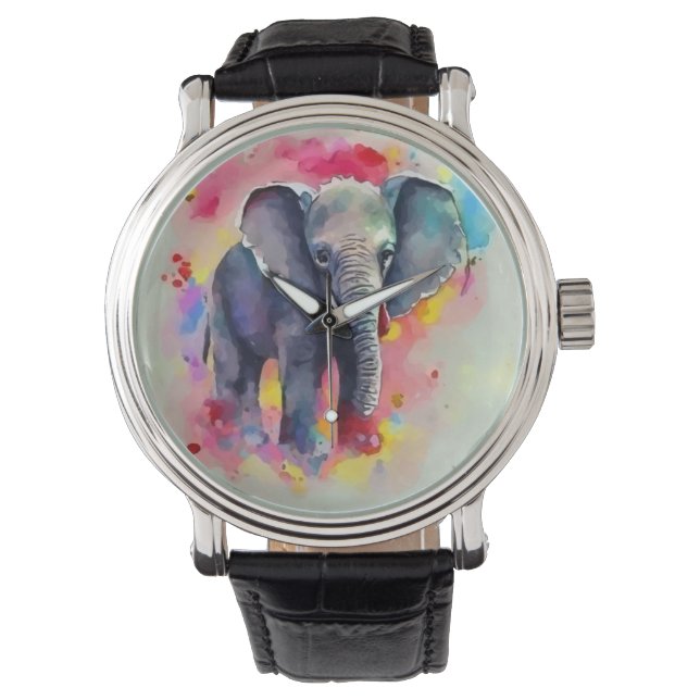 Elefant in Wasserfarbe Armbanduhr (Vorderseite)