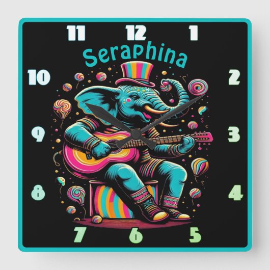 Elefant jamming bei einem Karneval! Quadratische Wanduhr (Vorderseite)