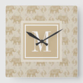 Elefant-kakifarbiges Wohnwagen-Muster des Quadratische Wanduhr (Vorderseite)