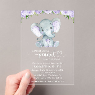 Elefant, lila Aquarellblumen, Babyparty Acryleinladungen