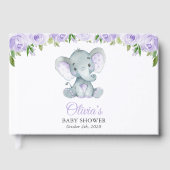 Elefant, Lila Aquarellfarben-Blume, Babydusche Gästebuch (Vorderseite)