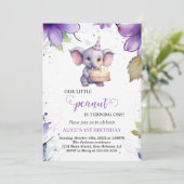 Elefant, Lila Aquarellfarben-Blume, erster Geburts Einladung (Stehend Vorderseite)