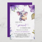 Elefant, Lila Aquarellfarben-Blume, erster Geburts Einladung (Vorne/Hinten)