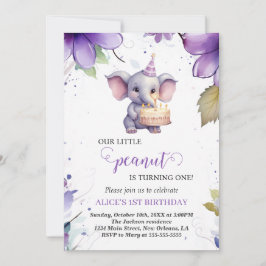 Elefant, Lila Aquarellfarben-Blume, erster Geburts Einladung