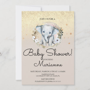 Elefant Mädchen Junge Baby Shower Faux Gold Glitte Einladung