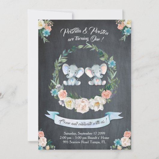 Elefant-Mädchen-Junge- Doppeleinladung, mit Einladung (Vorderseite)