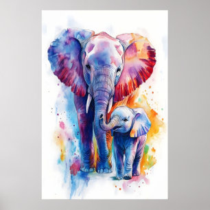Elefant Mama und Baby Aquarell-Druck, Kinderzimmer Poster